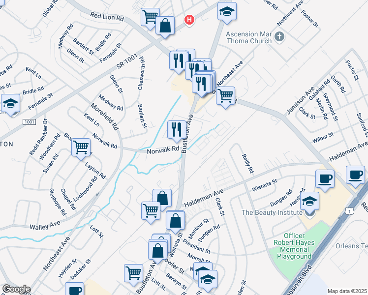 map of restaurants, bars, coffee shops, grocery stores, and more near Bustleton Ave & Norwalk Rd in Philadelphia