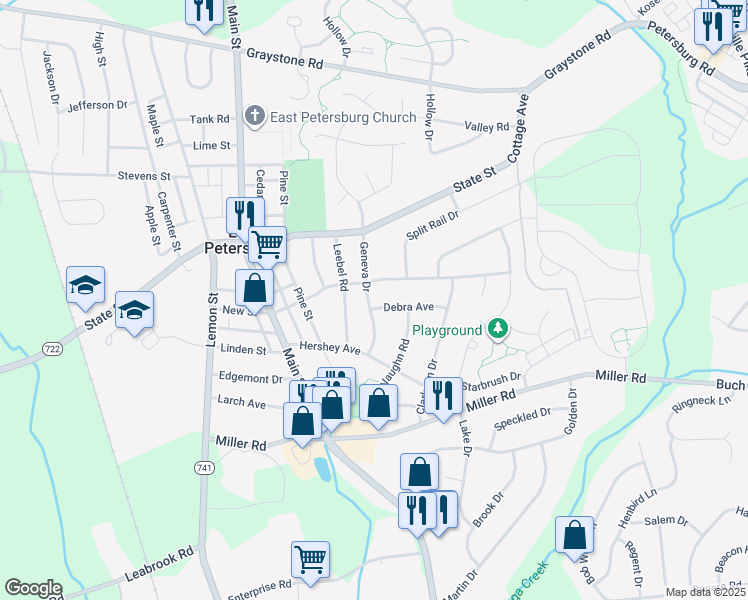 map of restaurants, bars, coffee shops, grocery stores, and more near 5865 Geneva Dr in East Petersburg