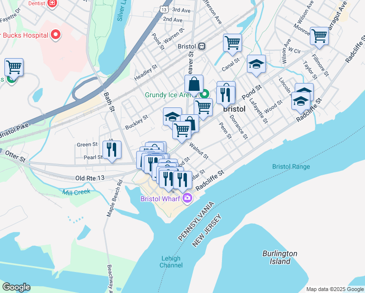 map of restaurants, bars, coffee shops, grocery stores, and more near 320 Pond Street in Bristol
