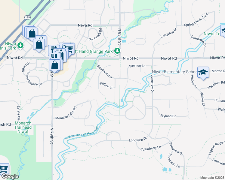 map of restaurants, bars, coffee shops, grocery stores, and more near 6833 Cheney Court in Niwot