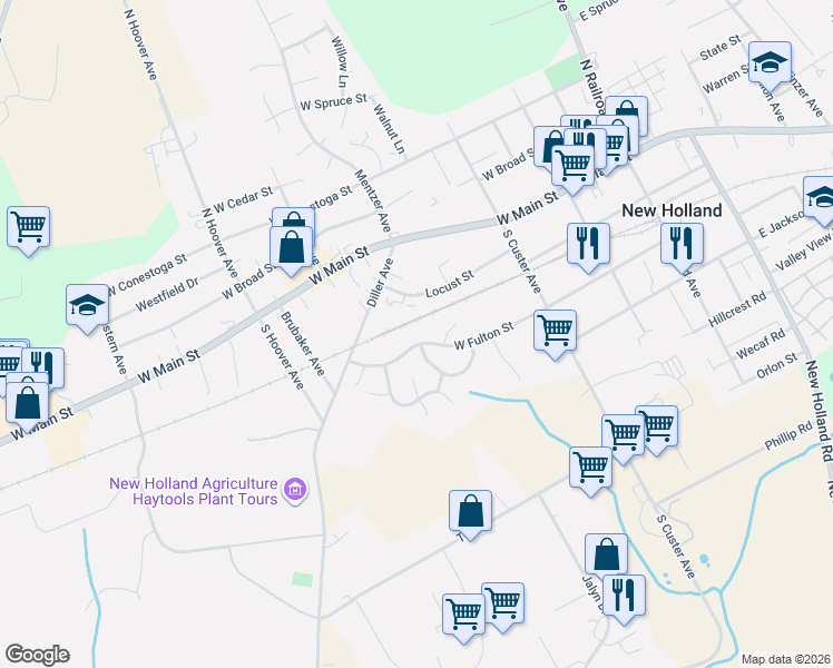 map of restaurants, bars, coffee shops, grocery stores, and more near 265 W Fulton St in New Holland