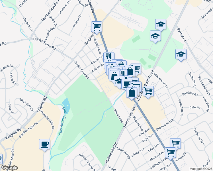map of restaurants, bars, coffee shops, grocery stores, and more near 2049 Brown Avenue in Bensalem