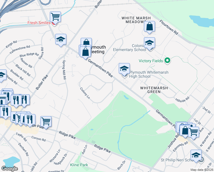 map of restaurants, bars, coffee shops, grocery stores, and more near 3185 Mayflower Road in Plymouth Meeting