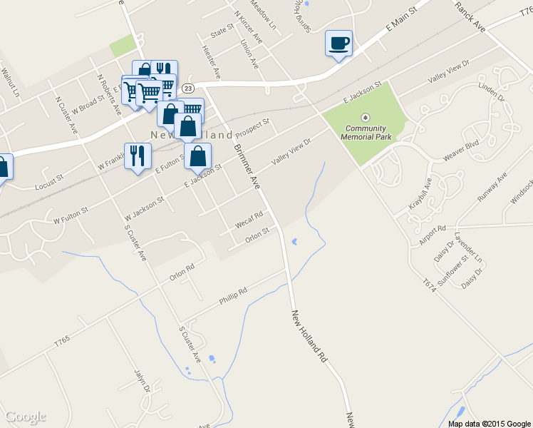 map of restaurants, bars, coffee shops, grocery stores, and more near 430 Brimmer Avenue in New Holland