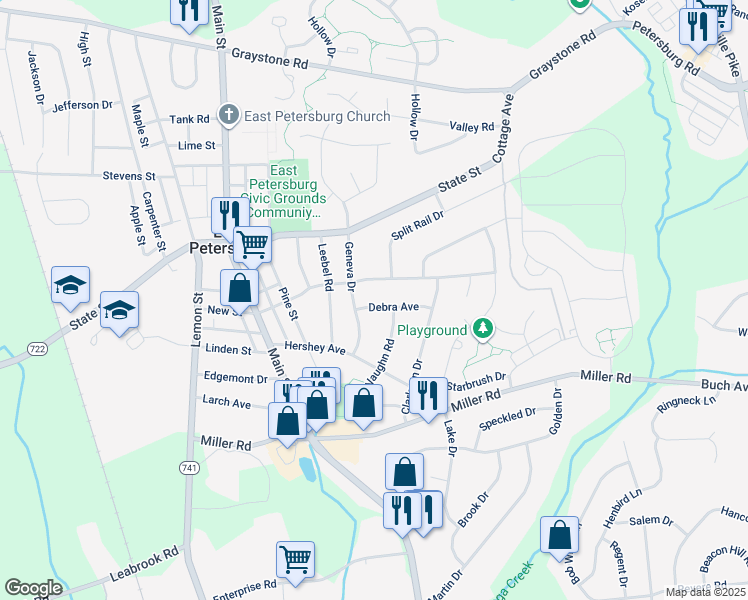 map of restaurants, bars, coffee shops, grocery stores, and more near 2313 Debra Avenue in East Petersburg