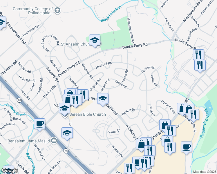 map of restaurants, bars, coffee shops, grocery stores, and more near 3448 Lamar Place in Philadelphia