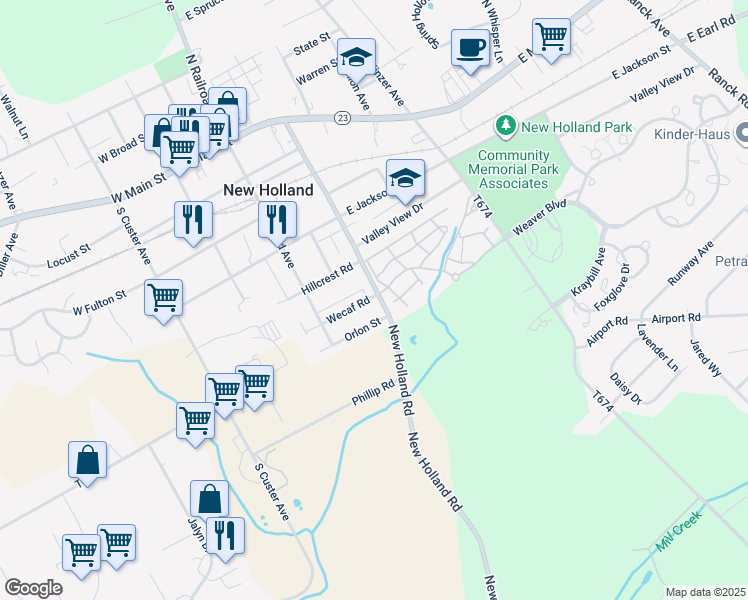 map of restaurants, bars, coffee shops, grocery stores, and more near 430 Brimmer Avenue in New Holland