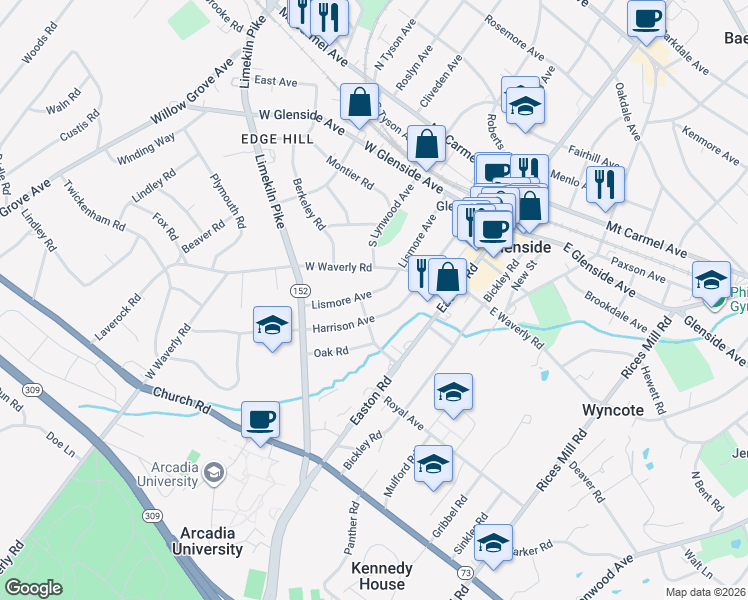 map of restaurants, bars, coffee shops, grocery stores, and more near 245 Lismore Avenue in Glenside