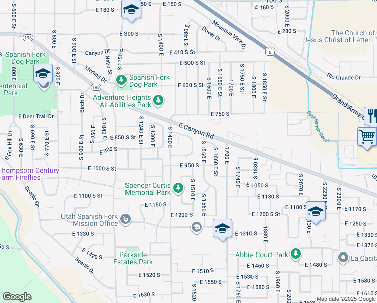 map of restaurants, bars, coffee shops, grocery stores, and more near 1503 East 910 South Street in Spanish Fork