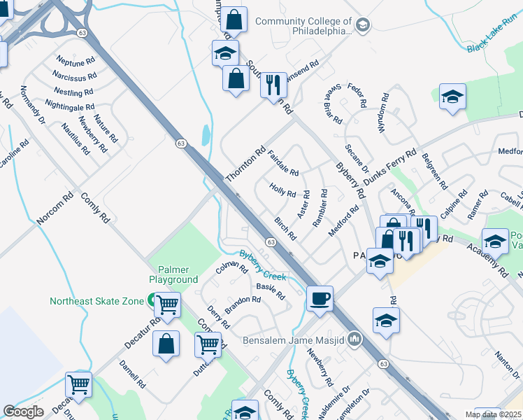 map of restaurants, bars, coffee shops, grocery stores, and more near 3150 Birch Rd in Philadelphia