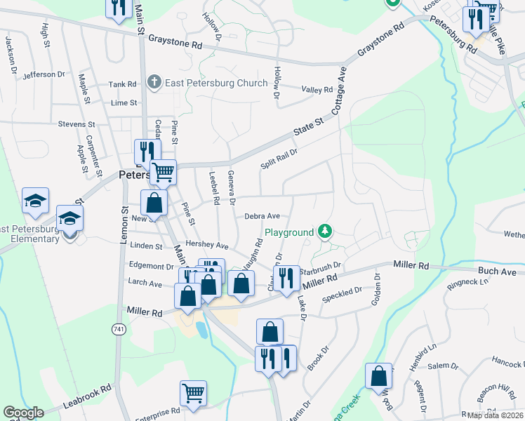 map of restaurants, bars, coffee shops, grocery stores, and more near 2343 Debra Avenue in East Petersburg