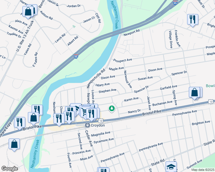 map of restaurants, bars, coffee shops, grocery stores, and more near 916 Hilary Avenue in Croydon