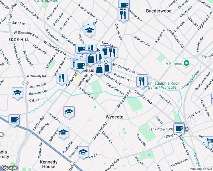 map of restaurants, bars, coffee shops, grocery stores, and more near 220 Brookdale Avenue in Glenside