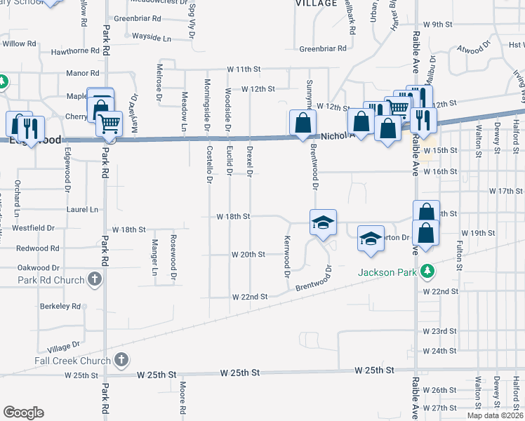map of restaurants, bars, coffee shops, grocery stores, and more near 2842 West 18th Street in Anderson