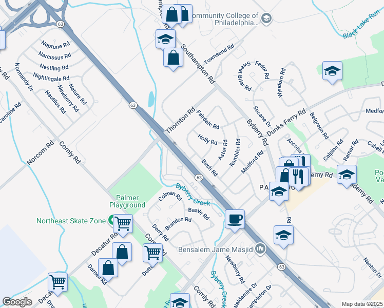 map of restaurants, bars, coffee shops, grocery stores, and more near 3150 Birch Road in Philadelphia
