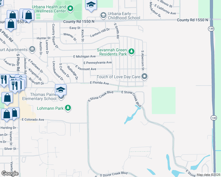 map of restaurants, bars, coffee shops, grocery stores, and more near 1713 South Stone Creek Boulevard in Urbana