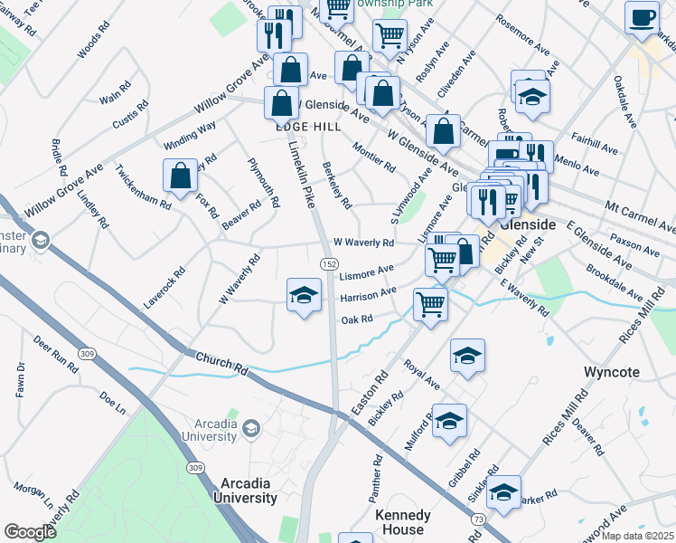 map of restaurants, bars, coffee shops, grocery stores, and more near 427 Limekiln Pike in Glenside