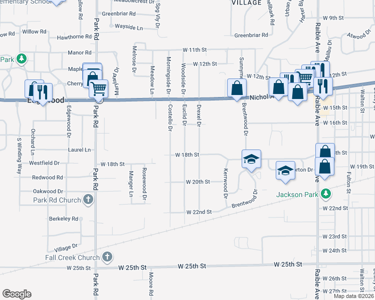 map of restaurants, bars, coffee shops, grocery stores, and more near 1720 Euclid Drive in Anderson