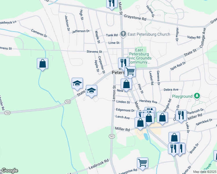 map of restaurants, bars, coffee shops, grocery stores, and more near 5910 Lemon Street in East Petersburg