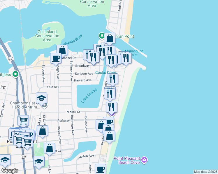 map of restaurants, bars, coffee shops, grocery stores, and more near in Point Pleasant Beach