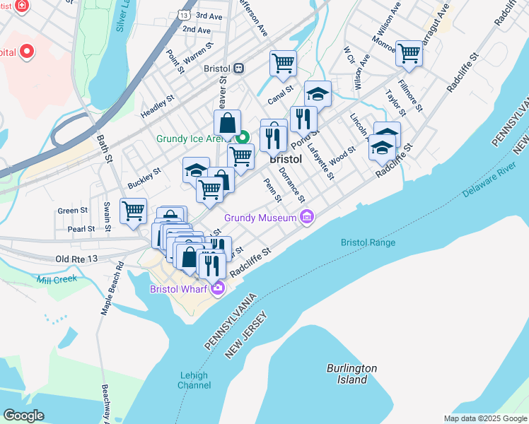 map of restaurants, bars, coffee shops, grocery stores, and more near 222 Franklin Street in Bristol