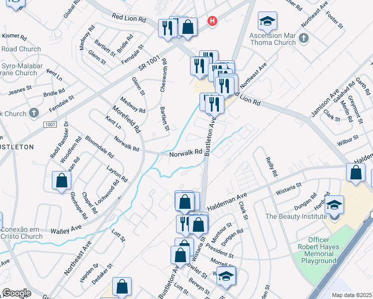 map of restaurants, bars, coffee shops, grocery stores, and more near 9892 Bustleton Avenue in Philadelphia