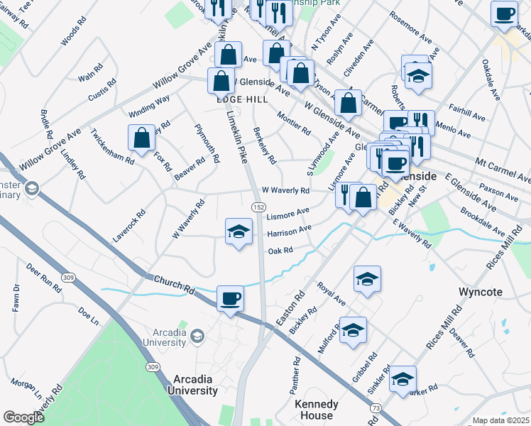 map of restaurants, bars, coffee shops, grocery stores, and more near 427 Limekiln Pike in Glenside