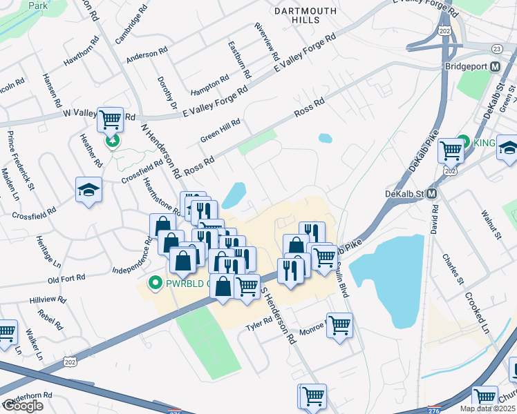 map of restaurants, bars, coffee shops, grocery stores, and more near 132 Ivy Lane in King of Prussia