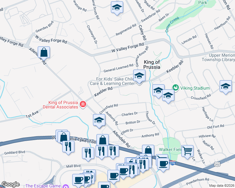 map of restaurants, bars, coffee shops, grocery stores, and more near 470 Langdale Court in King of Prussia
