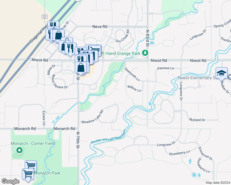 map of restaurants, bars, coffee shops, grocery stores, and more near 8170 Centrebridge Drive in Niwot