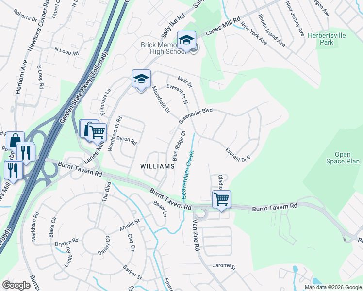 map of restaurants, bars, coffee shops, grocery stores, and more near 23 Blue Ridge Drive in Brick Township