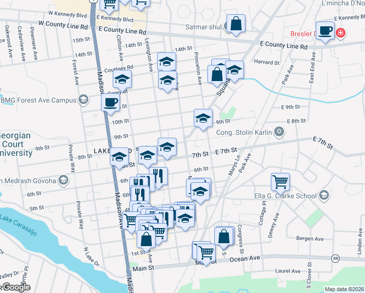 map of restaurants, bars, coffee shops, grocery stores, and more near 707 Monmouth Avenue in Lakewood