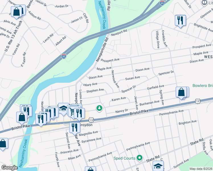 map of restaurants, bars, coffee shops, grocery stores, and more near 1009 Stephen Avenue in Croydon