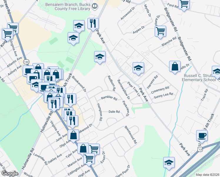 map of restaurants, bars, coffee shops, grocery stores, and more near 3305 Parkview Drive in Bensalem