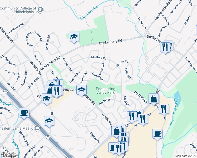 map of restaurants, bars, coffee shops, grocery stores, and more near 12805 Cabell Road in Philadelphia