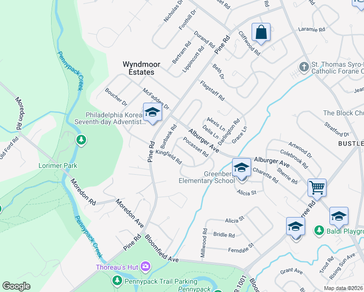 map of restaurants, bars, coffee shops, grocery stores, and more near 110 Thorndike Road in Philadelphia