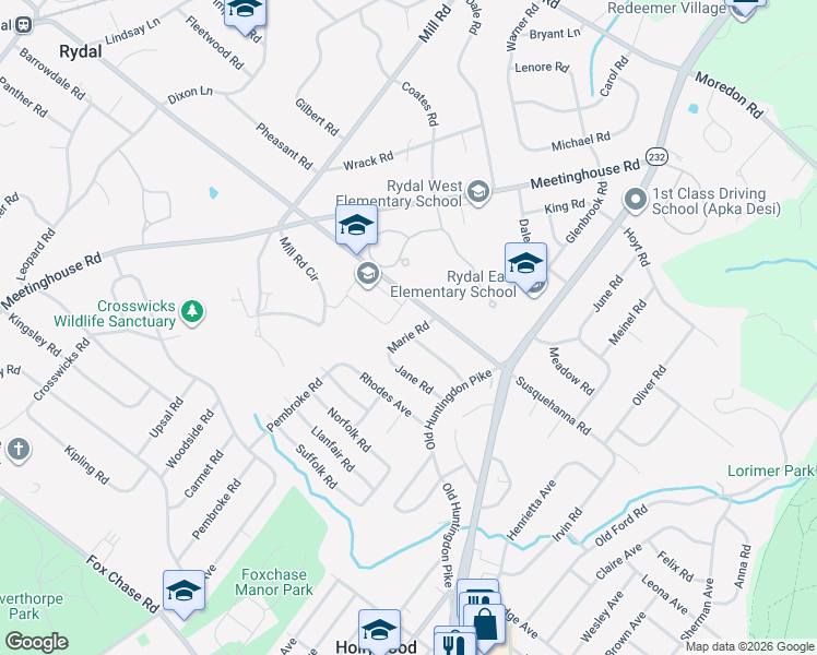 map of restaurants, bars, coffee shops, grocery stores, and more near 1062 Marie Road in Rydal