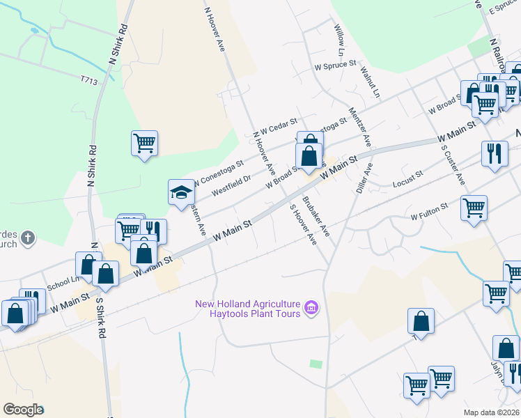 map of restaurants, bars, coffee shops, grocery stores, and more near 534 West Main Street in New Holland