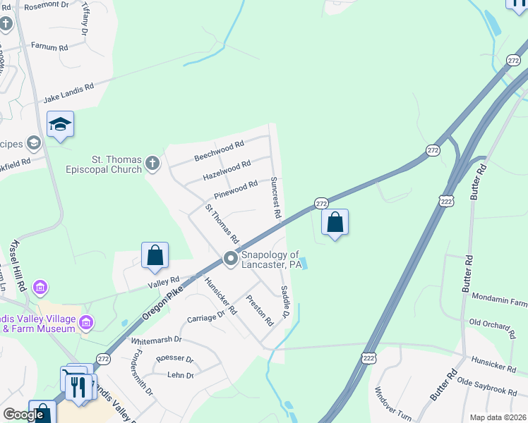 map of restaurants, bars, coffee shops, grocery stores, and more near 107 Suncrest Road in Lancaster