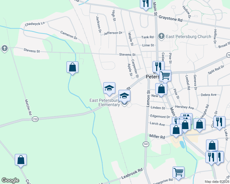 map of restaurants, bars, coffee shops, grocery stores, and more near 1575 State Street in East Petersburg