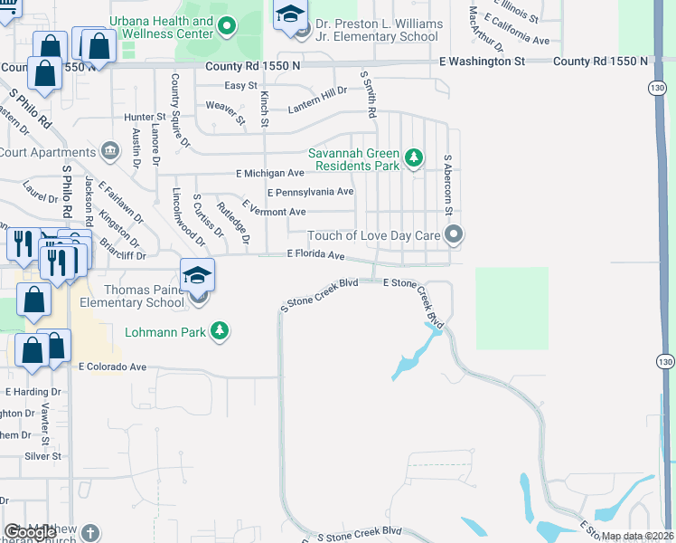 map of restaurants, bars, coffee shops, grocery stores, and more near 1713 South Stone Creek Boulevard in Urbana