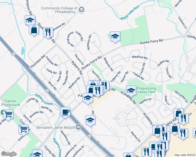 map of restaurants, bars, coffee shops, grocery stores, and more near 3302 Ancona Road in Philadelphia