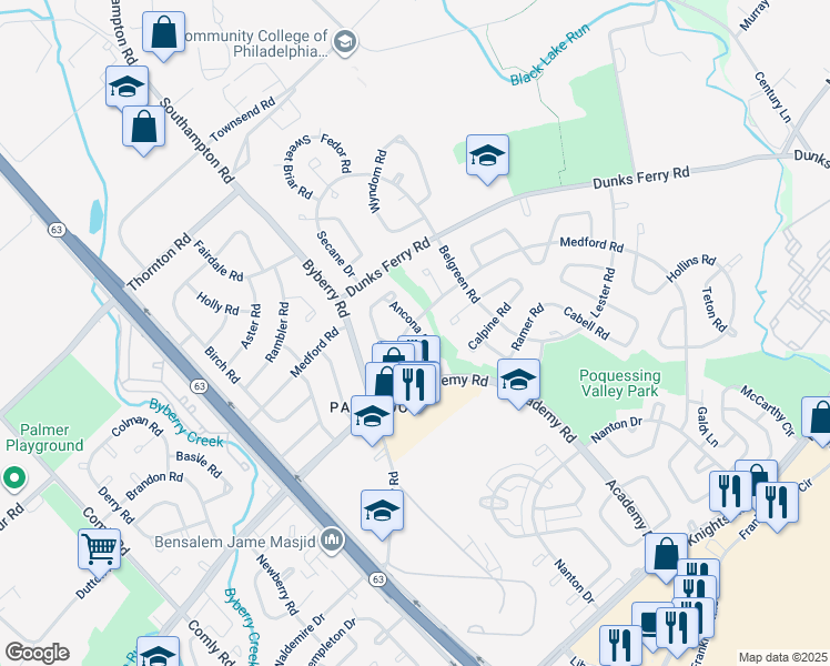 map of restaurants, bars, coffee shops, grocery stores, and more near 3302 Ancona Road in Philadelphia