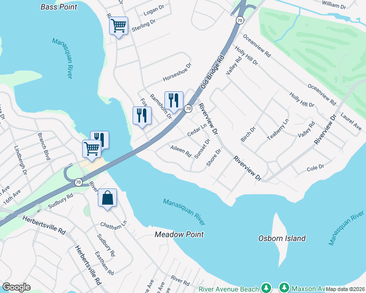 map of restaurants, bars, coffee shops, grocery stores, and more near 1107 Aileen Road in Brielle
