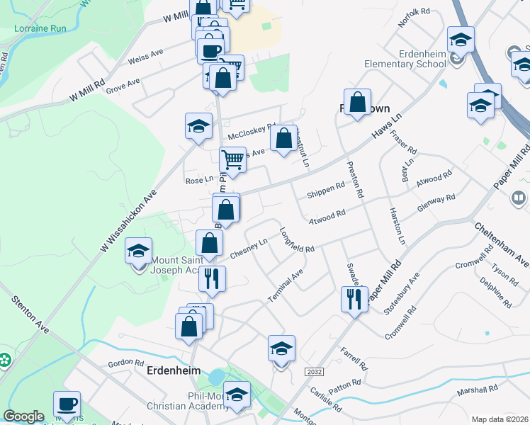 map of restaurants, bars, coffee shops, grocery stores, and more near 20 Haws Lane in Flourtown