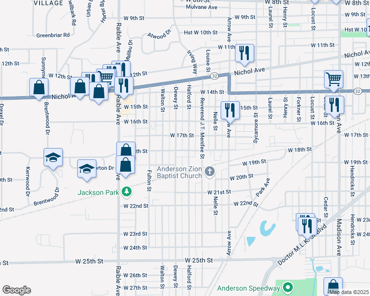 map of restaurants, bars, coffee shops, grocery stores, and more near 2015 West 18th Street in Anderson