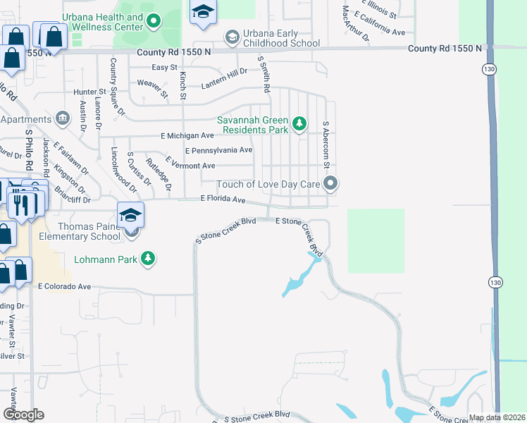 map of restaurants, bars, coffee shops, grocery stores, and more near 2702 East Stone Creek Boulevard in Urbana