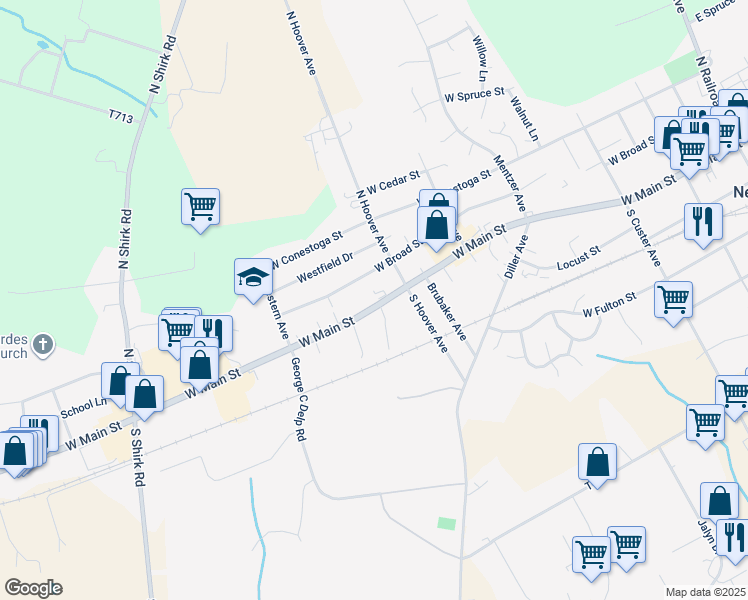 map of restaurants, bars, coffee shops, grocery stores, and more near 531 West Main Street in New Holland