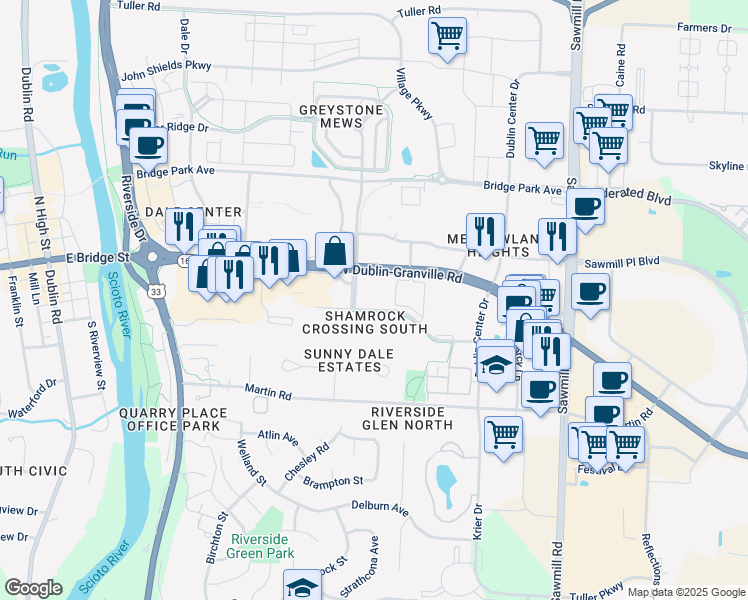 map of restaurants, bars, coffee shops, grocery stores, and more near 4075 Ohio 161 in Dublin