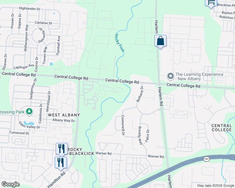 map of restaurants, bars, coffee shops, grocery stores, and more near 6453 Walnut Fork Drive in Westerville